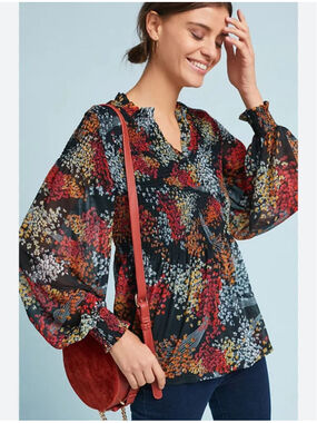 AKEMI + KIN Anthropologie Smocked Top Blouse Floral Print Multi-color M